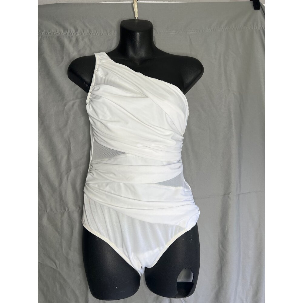 One-Shoulder White Ruched Swimsuit By Doria L